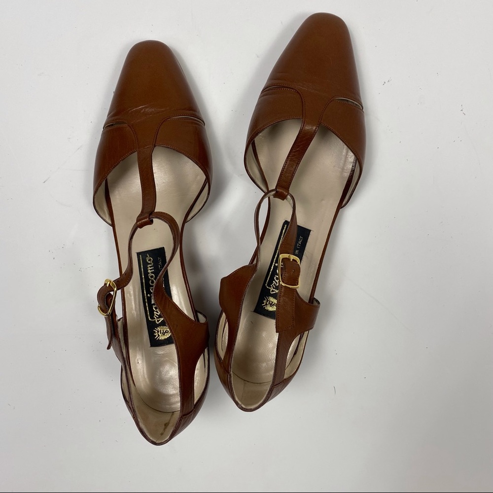 FRAGIACOMO Italian Leather Brown T-strap, low heel.